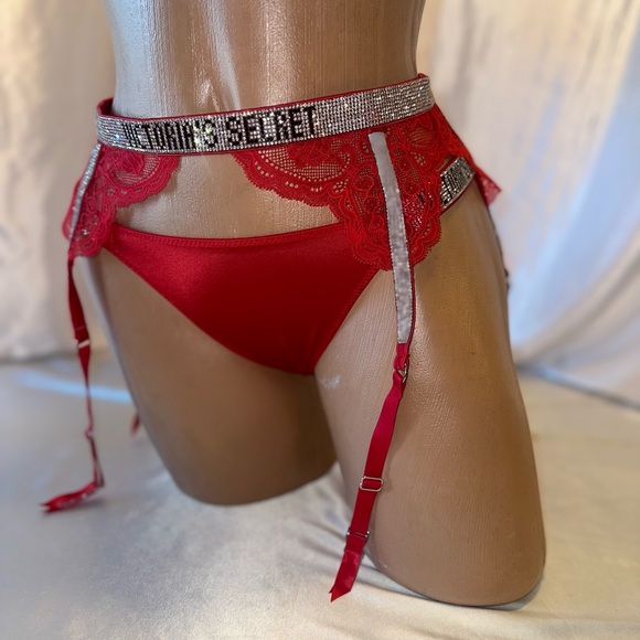 Victoria Secret Very Sexy Garter Belt & Panty Shine Strap Rhinestone Logo Red - Picture 2 of 4